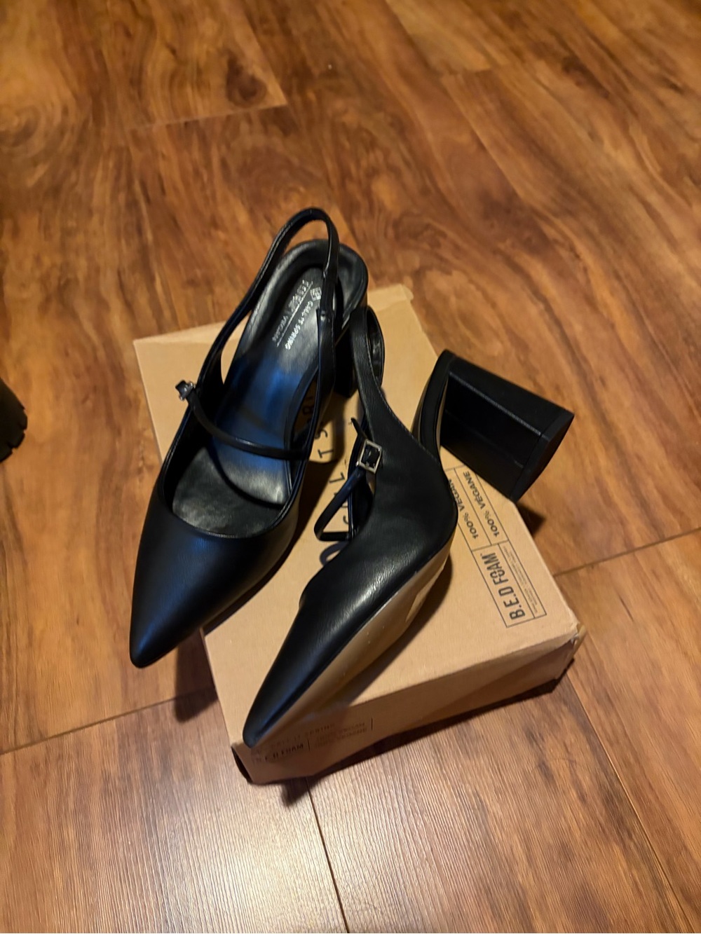 Call It Spring Black Pointed Slingback Block Heels with Ankle Strap
